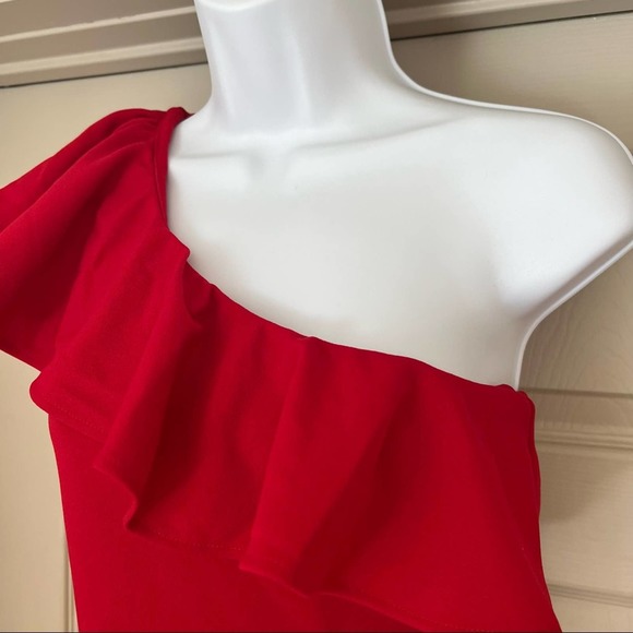Show Me Your MuMu Florentine red stretch one shoulder ruffle midi dress - Picture 7 of 12